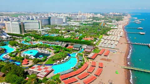 Drone aerial of beachfront resort strip in Antalya, Turkey. Stock Footage 334218341