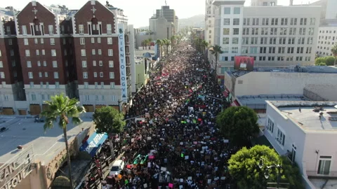Drone Aerial of Black Lives Matter Protest on Hollywood Blvd - June 7, 2020 Stock Footage