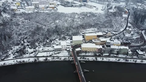 Drone Aerial of Burghausen Border Bridge, Bavaria, Germany Crossing into Stock Footage 340554239