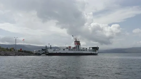 Drone Aerial of Calmac Ferry Loading Cars at Portavadie Video stock 160448166