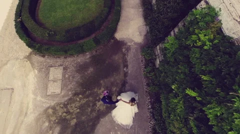 Drone, aerial. The camera shoots two newlyweds walking. Video vertically. N. Stock Footage 63328777