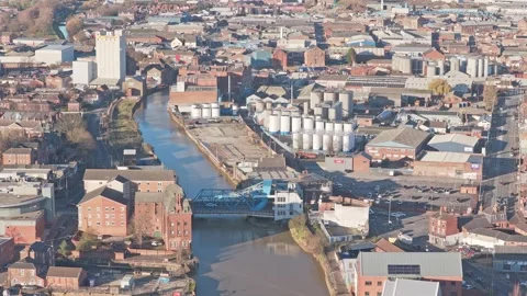 Drone aerial captures industrial section of Kingston upon Hull, River Hull Stock Footage 323084019