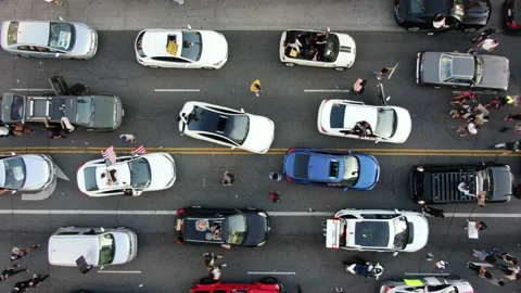 Drone Aerial of Cars, Bikes, & People at Black Lives Matter Protest in Hollywood Stock Footage