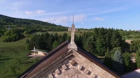 Drone aerial circular view of the Guca Gora church tower in Franciscan monastery Video stock 80324387