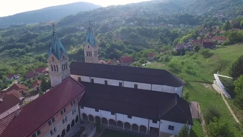 Drone aerial circular view of the Guca Gora church tower in Franciscan monastery Video stock 80324874