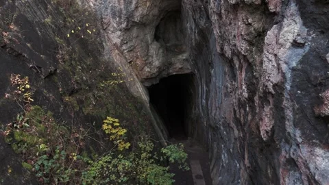 Drone Aerial Of Devil's Gorge Cave, Loggerheads, Mold, Wales Video stock 256162770
