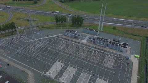 Drone aerial of electrical substation and power grid infrastructure Stock Footage 339684638
