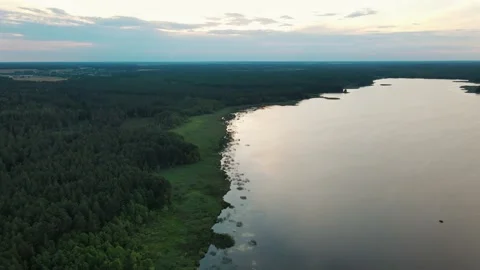 Drone aerial flight over the forest island. Lake reflection Stock Footage 170139539