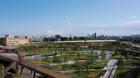 Drone aerial fly over view of ZILART park in Moscow Stock Footage 117315712