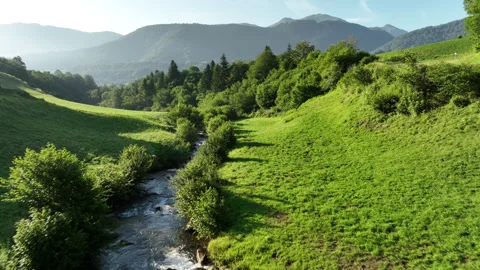 Drone aerial forward shot of river in french pyrenees, aspe valley, LESCUN Video stock 250513085