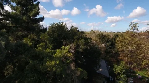 Drone aerial freeway sky clouds road cars trees fall colors Stock-Footage 70024644