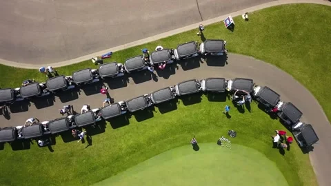 Drone Aerial of Golf Carts During Tournament Stock Footage