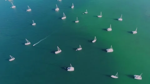 Drone aerial high angle view of sailboats anchored in Margarona bay Amvrakikos Stock Footage 339080594