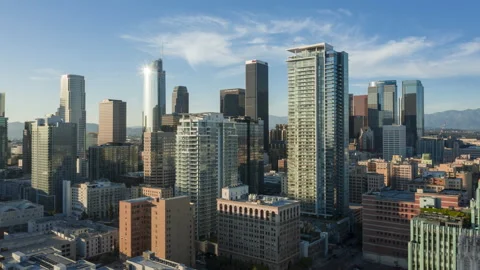 Drone, aerial hyper lapse of the center of Los Angeles downtown Stock Footage