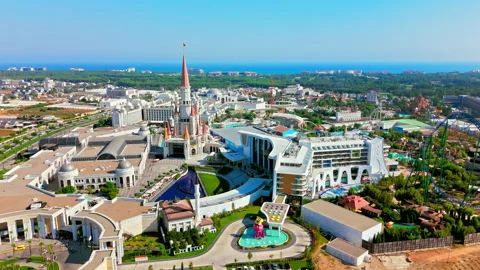 Drone aerial of The Land of Legends Theme Park, Belek, Antalya, Turkey. Stockbeeldmateriaal 334222838