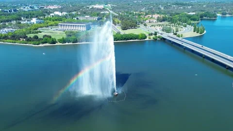 Drone aerial landscape of rainbow reflection within water fountain jets Captain Stock Footage 303539525