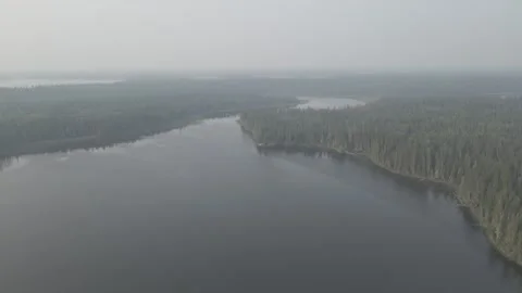 Drone aerial looking down on a northern forest ad river shrouded in thick smoke Stock Footage 306592957