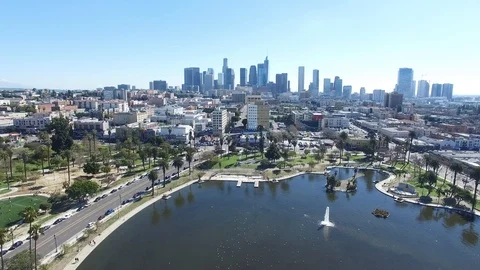Drone Aerial of MacArthur Park Downtown Los Angeles California Stock Footage