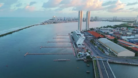 Drone Aerial of Marco Zero and Recife Antigo at Night Video stock 329259246