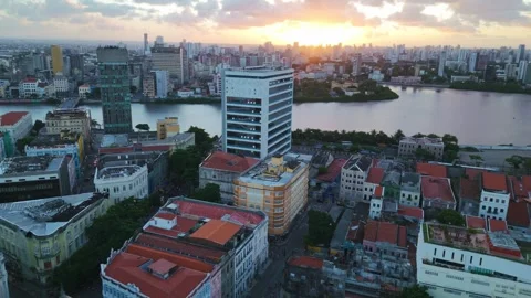 Drone Aerial of Marco Zero and Recife Antigo at Night Video stock 329259279