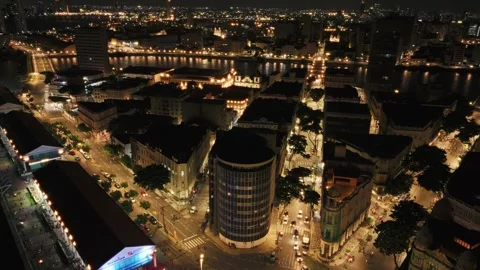 Drone Aerial of Marco Zero and Recife Antigo at Night Video stock 329259295