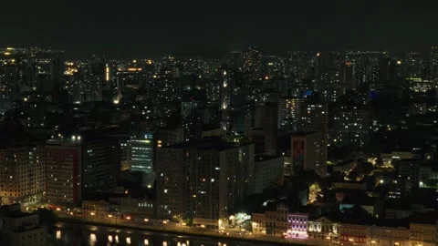 Drone Aerial of Marco Zero and Recife Antigo at Night Stock Footage 329259338