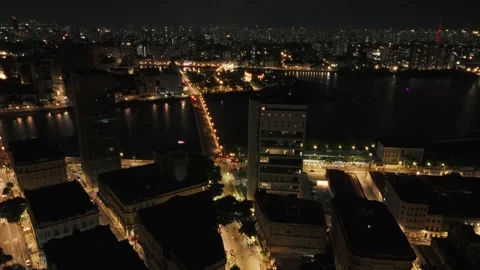 Drone Aerial of Marco Zero and Recife Antigo at Night Stock Footage 329259356