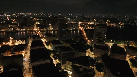 Drone Aerial of Marco Zero and Recife Antigo at Night 库存影片 329259757