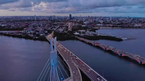 Drone Aerial of Marco Zero and Recife Antigo at Night Video stock 329261252