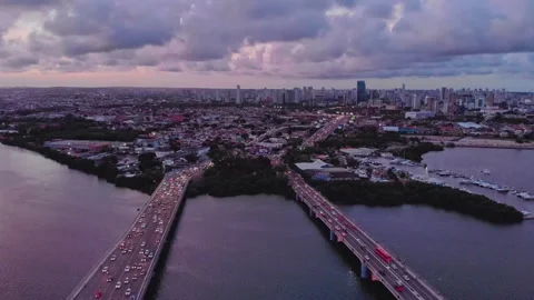 Drone Aerial of Marco Zero and Recife Antigo at Night Video stock 329261283