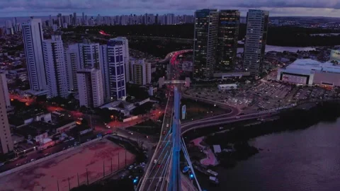 Drone Aerial of Marco Zero and Recife Antigo at Night Video stock 329261317