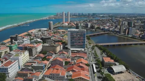 Drone Aerial of Marco Zero and Recife Antigo at Night Stock Footage 329261444