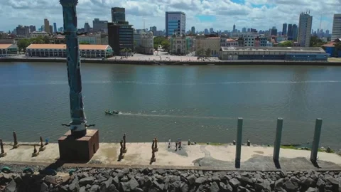Drone Aerial of Marco Zero and Recife Antigo at Night Video stock 329261486