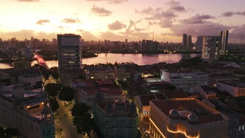 Drone Aerial of Marco Zero and Recife Antigo at Night Stock Footage 329290219