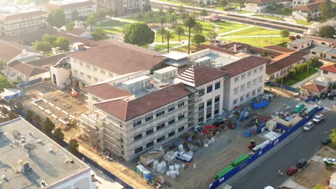Drone Aerial Medium Shot Arcing Around School Construction Site Stock Footage 272701954