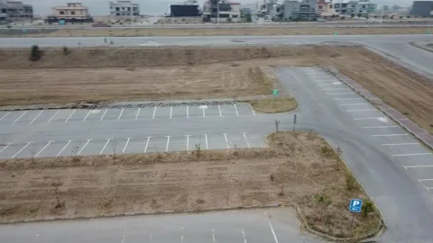 Drone Aerial Orbit Empty Parking Lot Suburbs Video stock 147037836