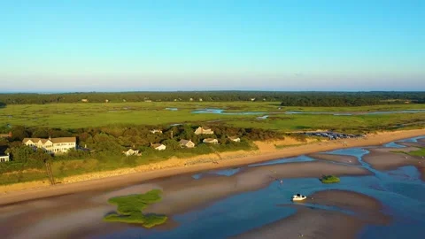 Drone Aerial Over Cape Cod Barrier Beach and Coastal Marshland Stock Footage 328065583