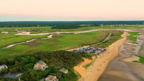 Drone Aerial Over Cape Cod Beach and Salt Marsh at Low Tide Stock Footage 328066544