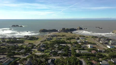 Drone aerial over homes in small town Bandon Oregon Coast Video stock 148402965