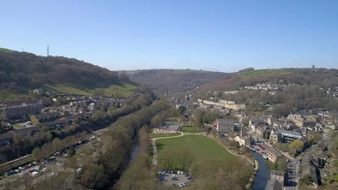 Drone aerial over park in small town in Yorkshire Video stock 105689508