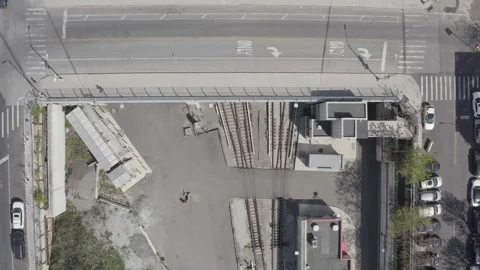 Drone aerial over train tracks in Brooklyn, Atlantic, New York, sunny, closer Stock-Footage 248636469