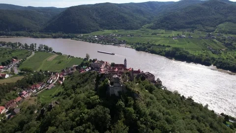 Drone Aerial Overview of Dürnstein Town and Castle Ruins, Austria Stock Footage 340159201