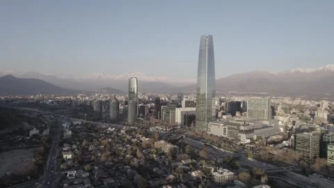 Drone Aerial Pan Left Shot Over Santiago Cityscape And Gran Torre Santiago Stock Footage 345606408