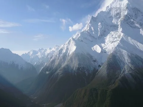 Drone Aerial Pan Up Right Reveal Annapurna 2 Himalayan Mountain Peak in Nepal Stock Footage