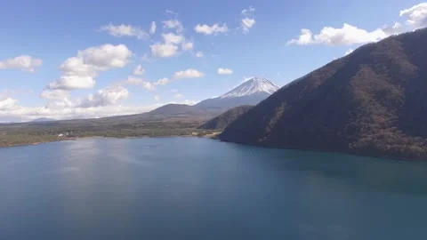 Drone / Aerial pan shot of Mt. Fuji over Motosu lake, Japan Stock Footage 201514743