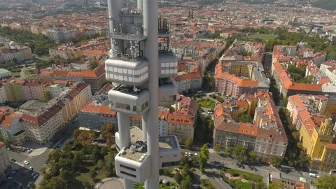 Drone aerial panorama view Television Tower in Prague, Czech Republic Stock Footage 112990807