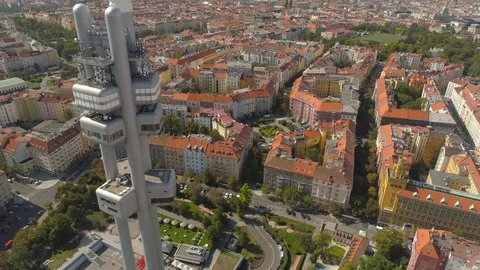 Drone aerial panorama view Television Tower in Prague, Czech Republic Stock Footage 112991127