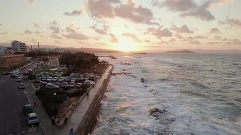 Drone Aerial panoramic view of iconic and picturesque sunset in the Chania with  Stock Footage 168254424