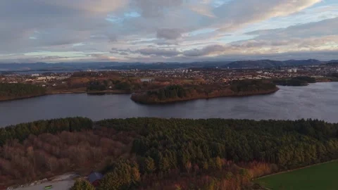 Drone Aerial of a Peninsula Located Within a Lake in Norway Stock Footage 323286933