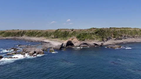Drone, Aerial, Pull Back, Sea Cave, Natural Arch, Rocky Coast, Ocean│Reveal Stock Footage 328709907